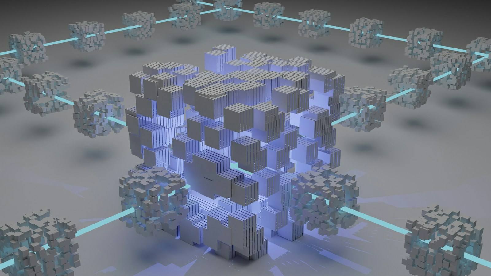 Abstract digital tokens connected by glowing network lines on a dark background